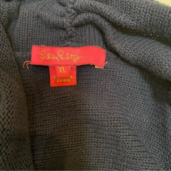 Lilly Pulitzer Tatum Cardigan Sweater XL Navy Fringe Trim Hem Open Front Long - Picture 4 of 11